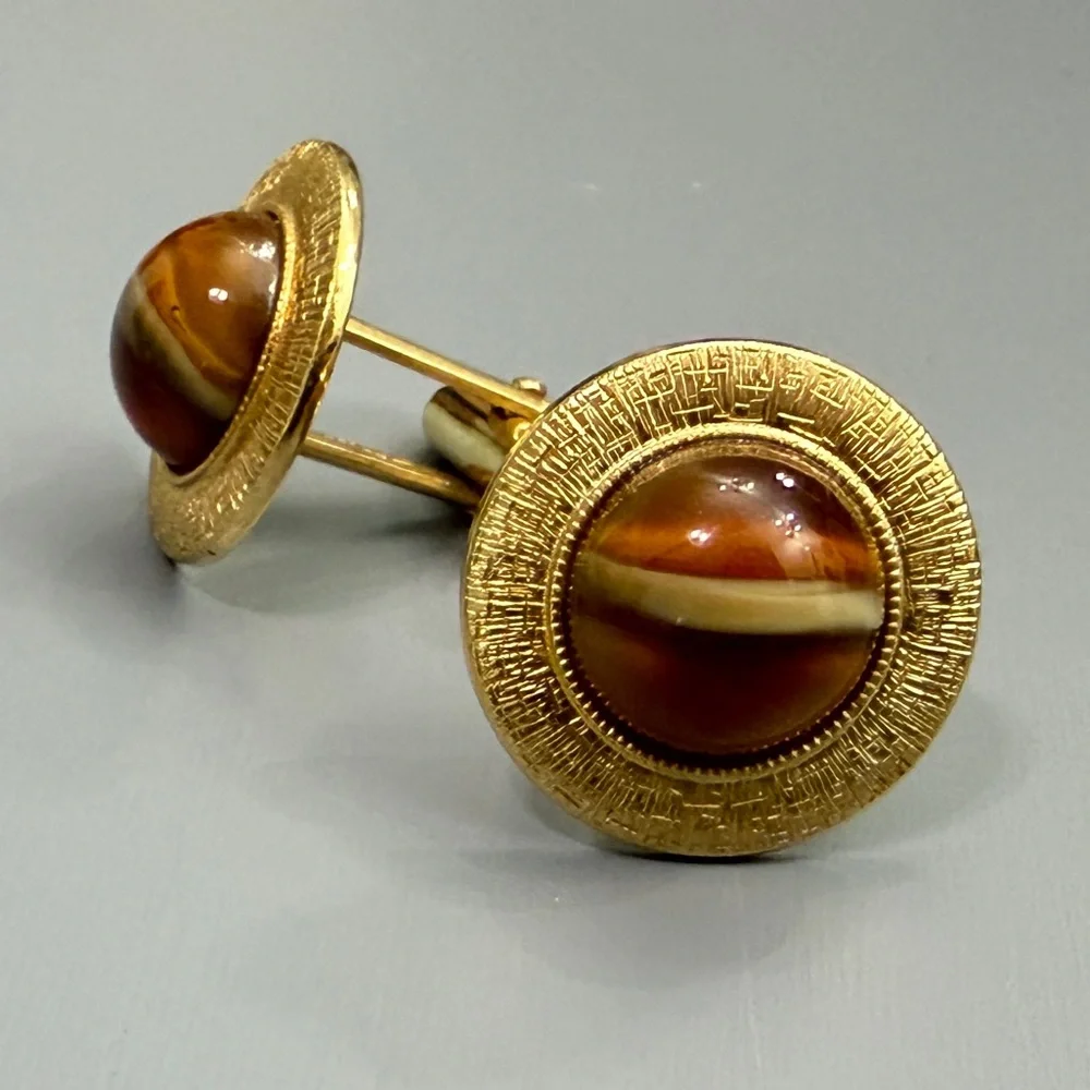 Vintage Anson Gold Saturn Greek Key Textured Cufflinks With Tiger's Eye Glass